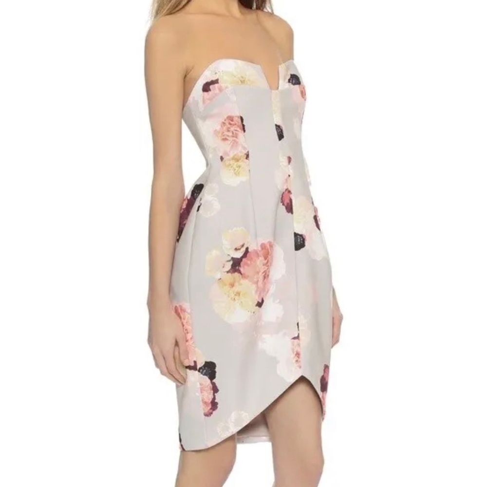 KEEPSAKE the Label Strapless Floral Mini Dress in Light Gray and Blush